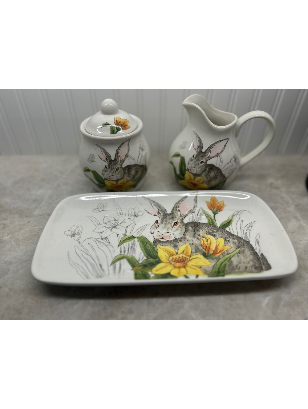 🌸 Maxcera -Charming Easter Bunny & Daffodil 3-Piece Ceramic Tea Set 🌸
